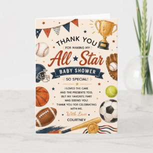 Little Star Baby Shower Sports Football Baseball Thank You Card