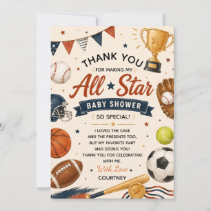 Little Star Baby Shower Sports Football Baseball Thank You Card