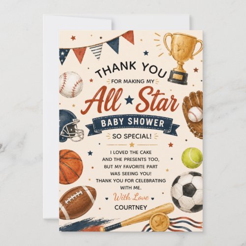 Little Star Baby Shower Sports Football Baseball Thank You Card
