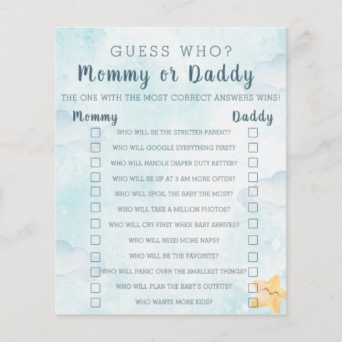 Little Star Blue Sky Mommy Daddy Baby Shower Game Flyer
