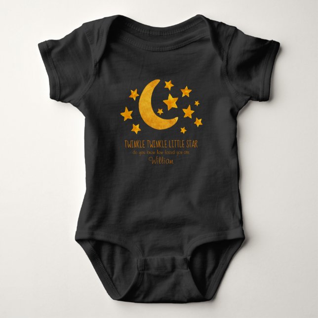 Little Star Name Moon & Star Watercolor Whimsical  Baby Bodysuit (Front)