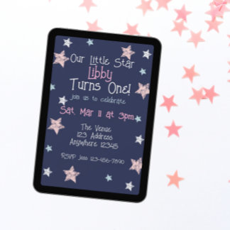 Little Star Turns One Pink Blue White 1st Birthday Invitation