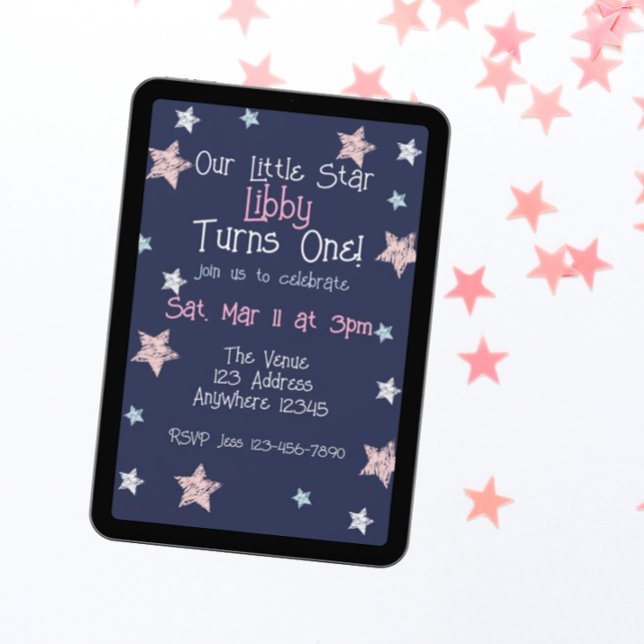 Little Star Turns One Pink Blue White 1st Birthday Invitation (Creator Uploaded)