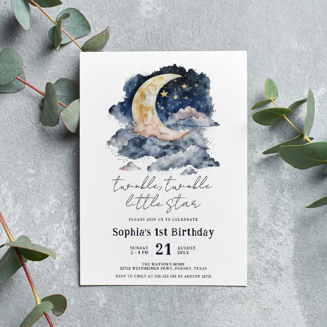 Little Star Watercolor Moon Kids Birthday Invitation | Zazzle