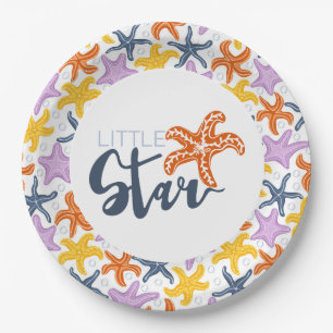 Little star with colorfull starfishes on white paper plates