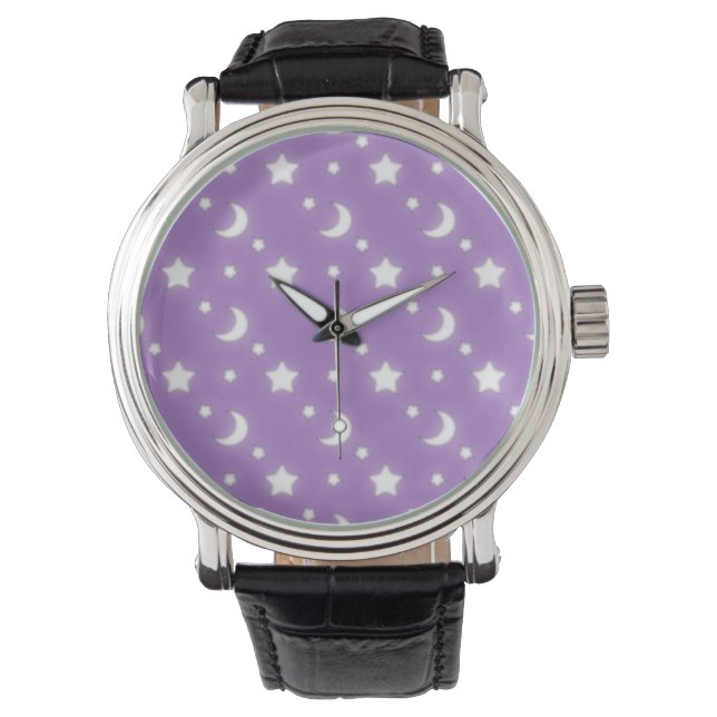 Little Stars and Moons Purple Background Pattern Watch (Front)