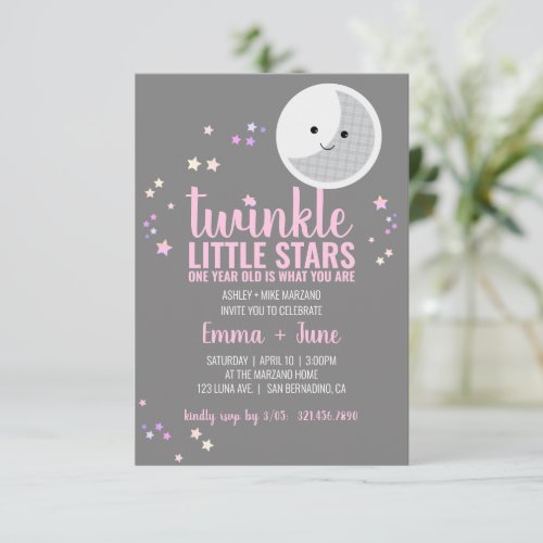 little stars GIRL twins 1st BIRTHDAY PARTY Invitation