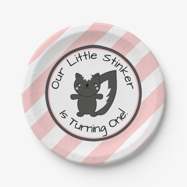 Little Stinker Is One Pink Stripes Skunk Birthday Paper Plates (Front)