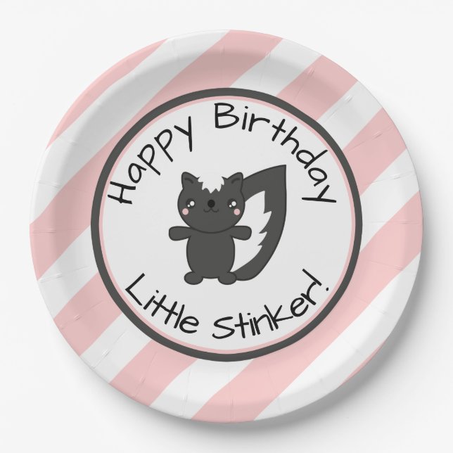 Little Stinker Pink Stripes Skunk First Birthday Paper Plates (Front)