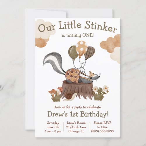 Little Stinker Skunk Woodland Birthday Party Invitation