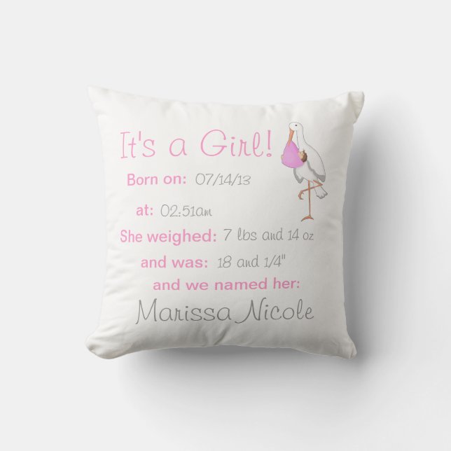 "Little Stork" It's a Girl! Keepsake Pillow (Front)