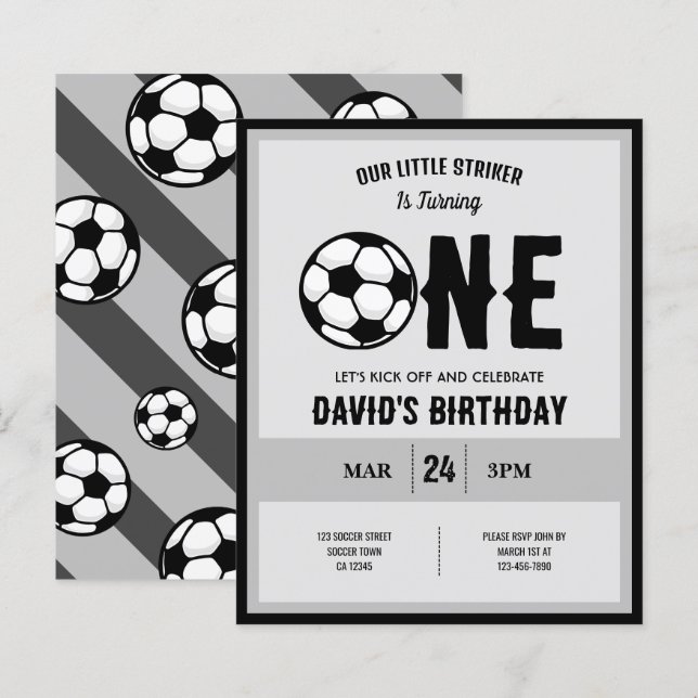 Little Striker Soccer Budget 1st Birthday Invite (Front/Back)