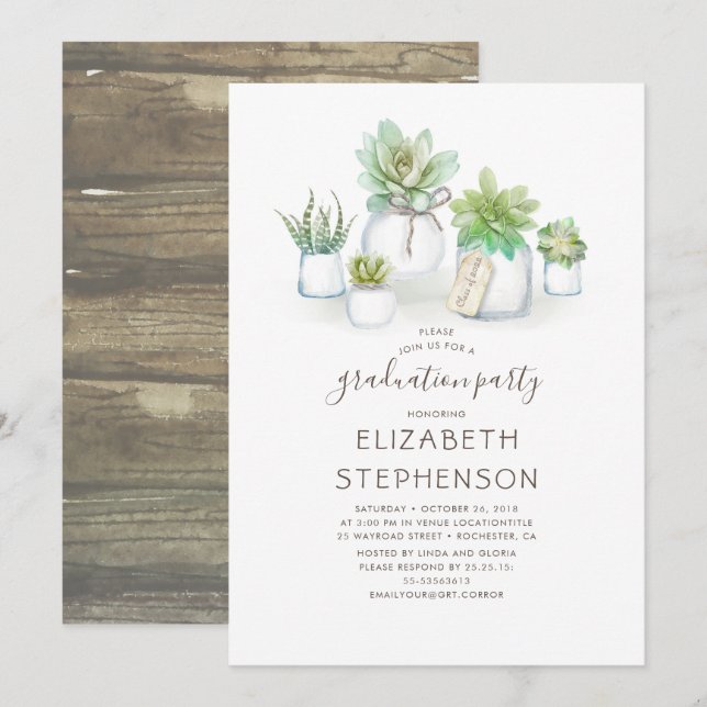 Little Succulents Mason Jars Rustic Graduation Invitation (Front/Back)