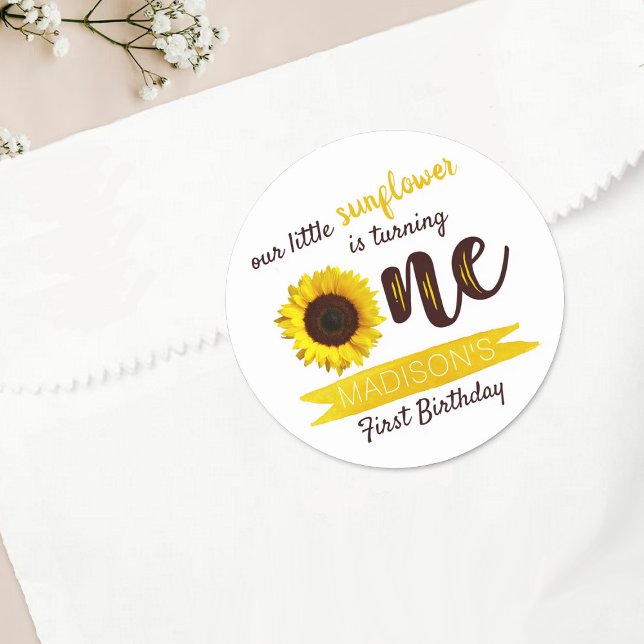 Little Sunflower 1st Birthday Classic Round Sticker (Creator Uploaded)