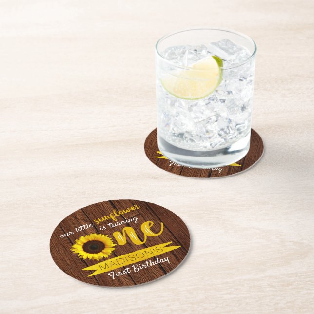 Little Sunflower 1st Birthday Party Round Paper Coaster (Insitu)