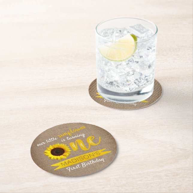 Little Sunflower 1st Birthday Party Round Paper Coaster (Insitu)