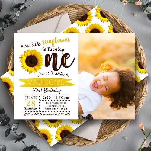 Little Sunflower 1st Birthday Photo Invitation