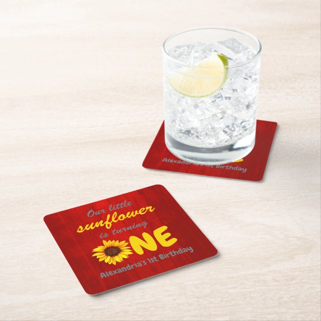 Little Sunflower 1st Birthday Square Paper Coaster (Insitu)