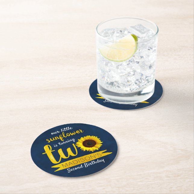 Little Sunflower 2nd Birthday Party Round Paper Coaster (Insitu)