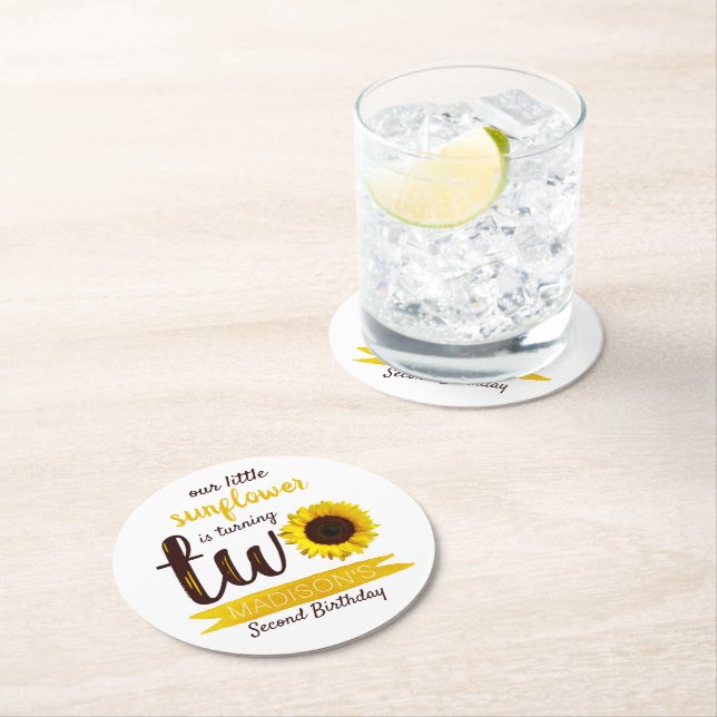 Little Sunflower 2nd Birthday Party Round Paper Coaster (Insitu)