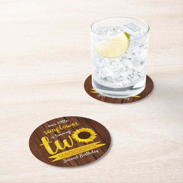 Little Sunflower 2nd Birthday Party Round Paper Coaster (Insitu)