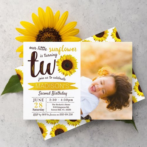 Little Sunflower 2nd Birthday Photo Invitation