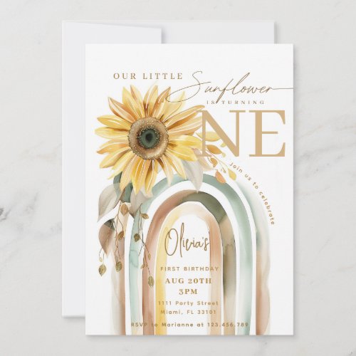 Little Sunflower Boho Rainbow First 1st Birthday Invitation