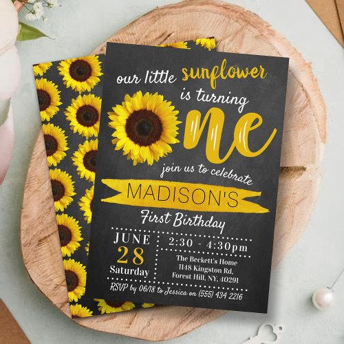 Little Sunflower Chalkboard 1st Birthday Invitation