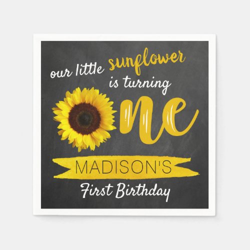 Little Sunflower Chalkboard 1st Birthday Napkins