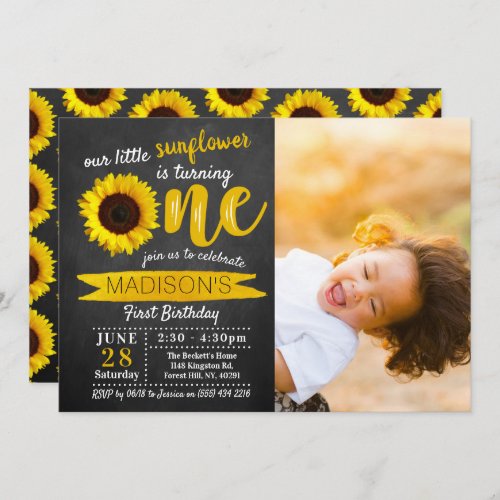 Little Sunflower Chalkboard 1st Birthday Photo Invitation
