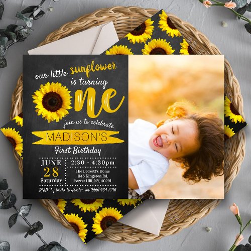 Little Sunflower Chalkboard 1st Birthday Photo Invitation