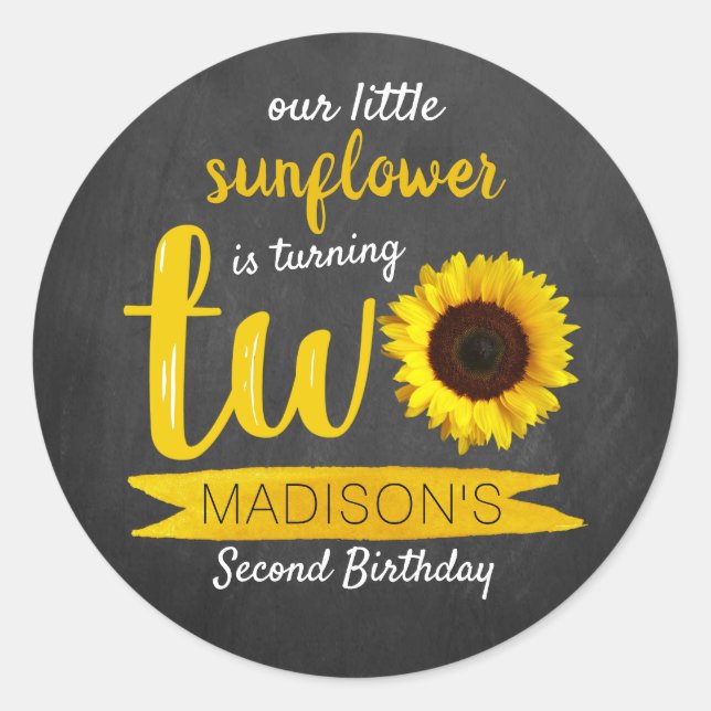 Little Sunflower Chalkboard 2nd Birthday Classic Round Sticker (Front)