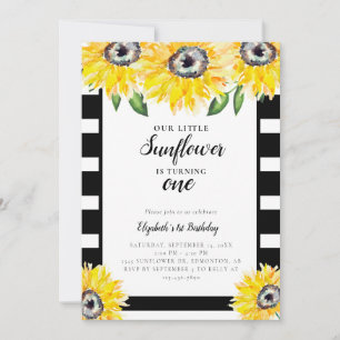 Little Sunflower First Birthday Black Stripes Invitation