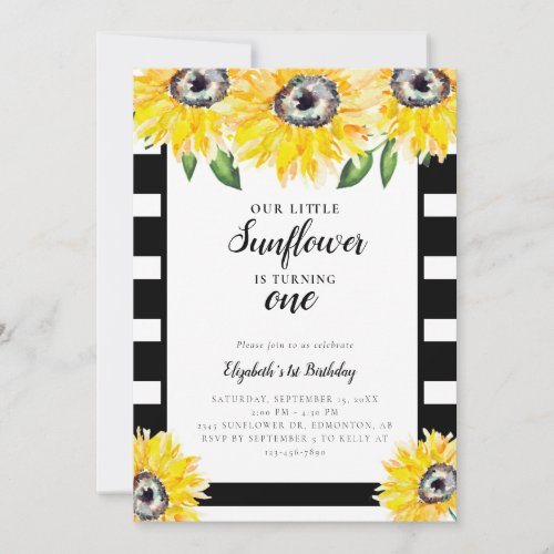 Little Sunflower First Birthday Black Stripes Invitation