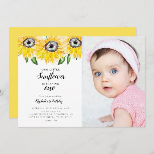 Little Sunflower First Birthday One Photo Elegant Invitation