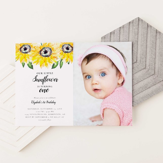 Little Sunflower First Birthday One Photo Elegant Invitation (Creator Uploaded)