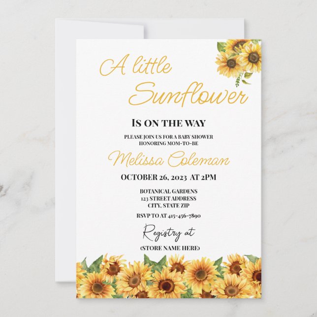 Little Sunflower Is On The Way Baby Shower  Invitation (Front)