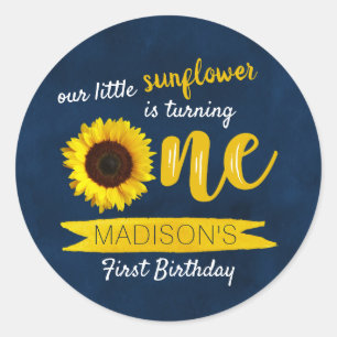 Little Sunflower Navy Blue 1st Birthday Classic Round Sticker