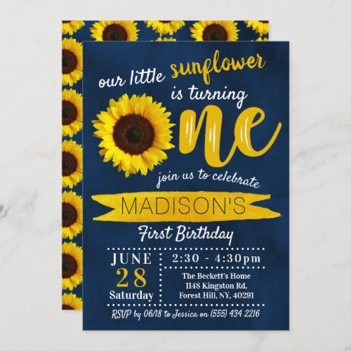 Little Sunflower Navy Blue 1st Birthday Invitation