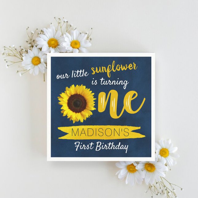 Little Sunflower Navy Blue 1st Birthday Napkins (Creator Uploaded)