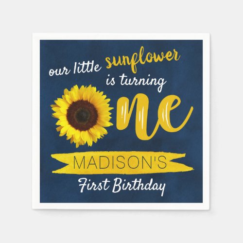 Little Sunflower Navy Blue 1st Birthday Napkins