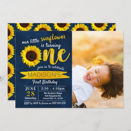 Little Sunflower Navy Blue 1st Birthday Photo Invitation