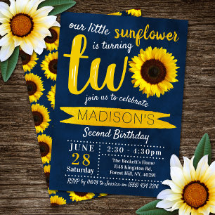 Little Sunflower Navy Blue 2nd Birthday Invitation