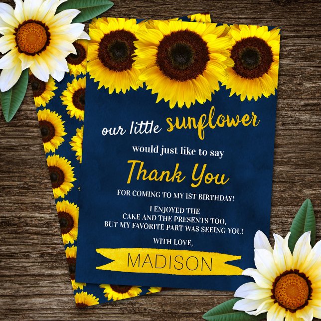 Little Sunflower Navy Blue Birthday Thank You Card (Creator Uploaded)