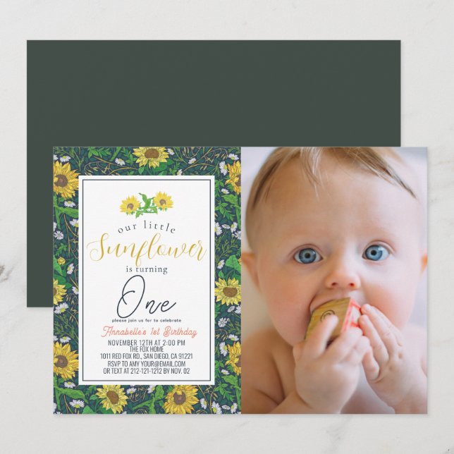 Little Sunflower Pattern Navy 1st Birthday Photo Invitation (Front/Back)