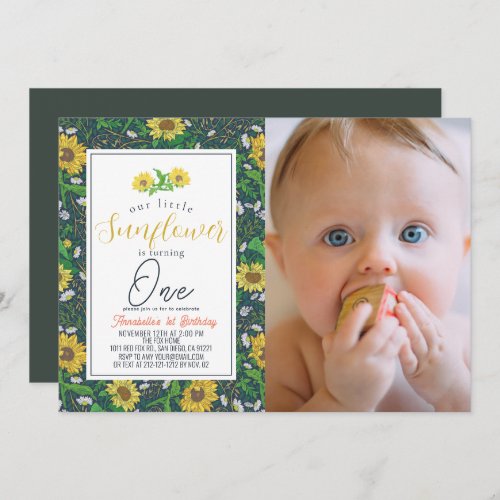 Little Sunflower Pattern Navy 1st Birthday Photo Invitation