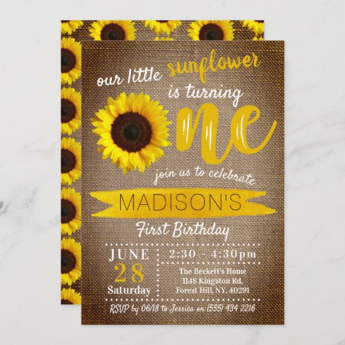 Little Sunflower Rustic Burlap 1st Birthday Invitation