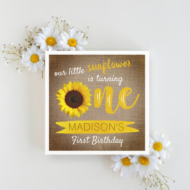 Little Sunflower Rustic Burlap 1st Birthday Napkins (Creator Uploaded)