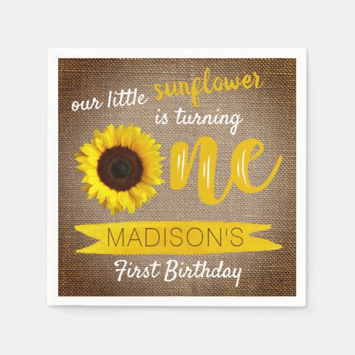 Little Sunflower Rustic Burlap 1st Birthday Napkins