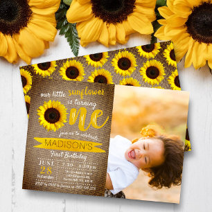 Little Sunflower Rustic Burlap 1st Birthday Photo Invitation
